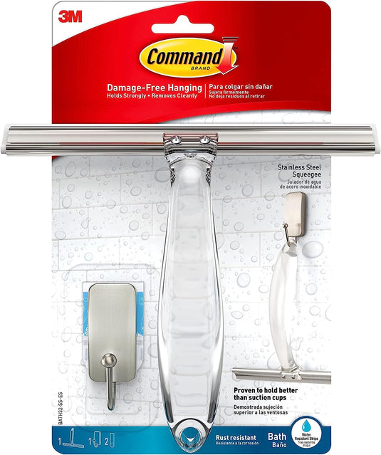 Command Bath Shower Small Water-Resistant Adhesive, Satin Nickel, 1 lb Capacity, 1 Squeegee, 1 Hook, 2 Strips