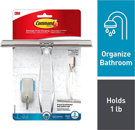 Command Bath Shower Small Water-Resistant Adhesive, Satin Nickel, 1 lb Capacity, 1 Squeegee, 1 Hook, 2 Strips