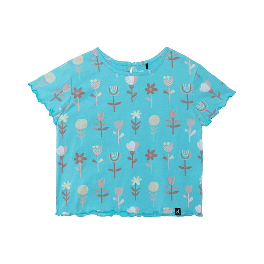 Printed T-Shirt With Back Hole Turquoise Flowers